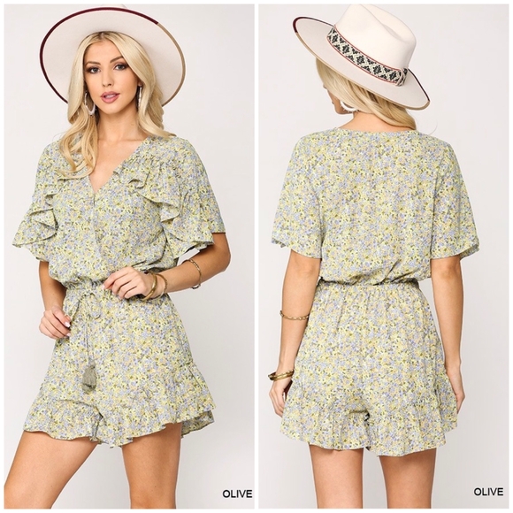 Gigio Pants - GIGIO Boho Chic Light Olive Floral Ruffle Romper